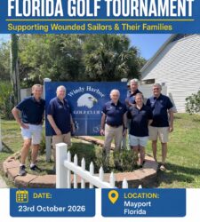 Promotional poster for the Navy Safe Harbor Foundation’s 13th Annual Florida Golf Tournament, featuring a group photo at Windy Harbor Golf Club. The event is scheduled for October 23, 2026, in Mayport, Florida, supporting wounded sailors and their families, with a “Register Here” call to action.